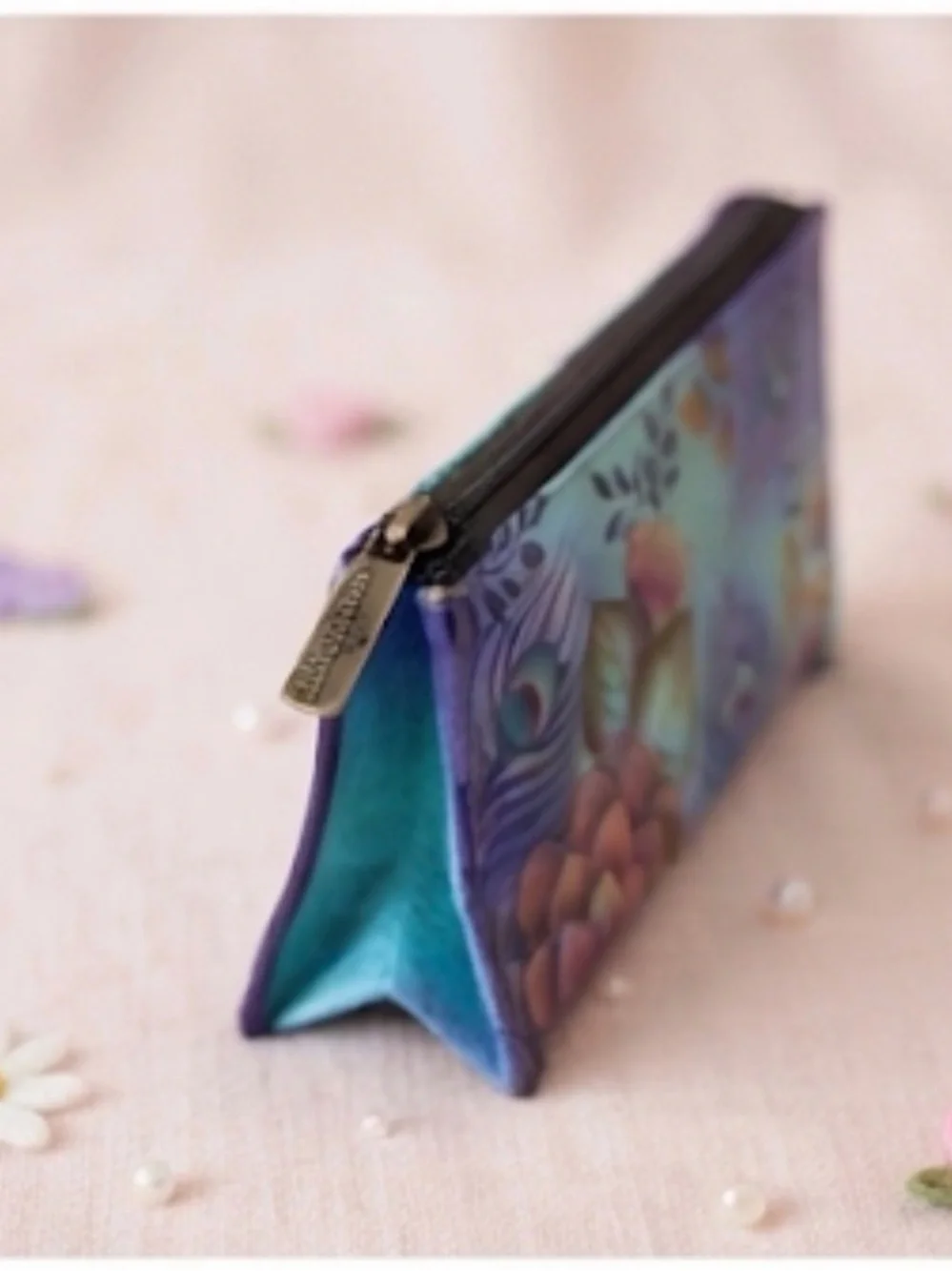 Anuschka Hand Painted Leather  Floral Peacock Feather Zip Pouch